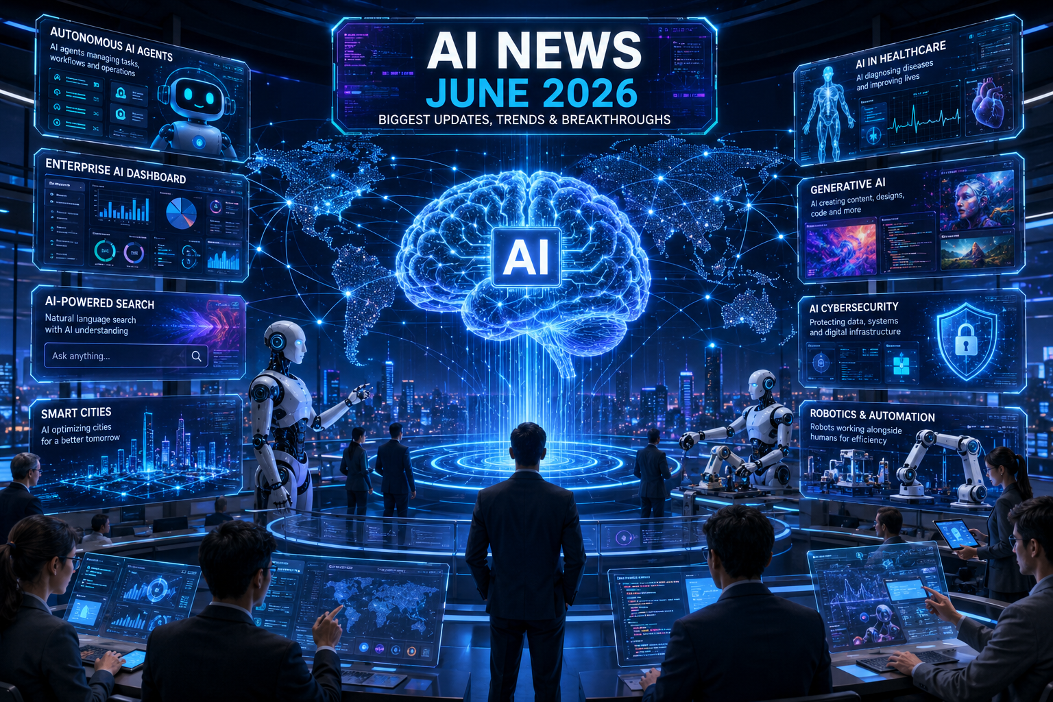 AI News June 2026 featured image showing a futuristic global AI command center with a holographic AI brain, autonomous AI agents, humanoid robots, enterprise analytics dashboards, healthcare AI systems, cybersecurity protection, smart cities, and worldwide artificial intelligence networks.
