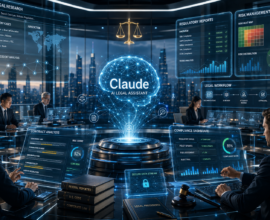 Claude AI helping lawyers and legal teams with contract review, legal research, compliance monitoring, and document analysis in a futuristic legal operations center.