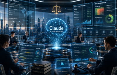 Claude AI helping lawyers and legal teams with contract review, legal research, compliance monitoring, and document analysis in a futuristic legal operations center.