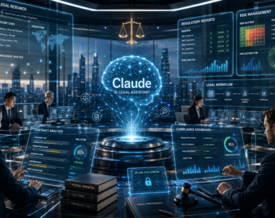 Claude AI helping lawyers and legal teams with contract review, legal research, compliance monitoring, and document analysis in a futuristic legal operations center.