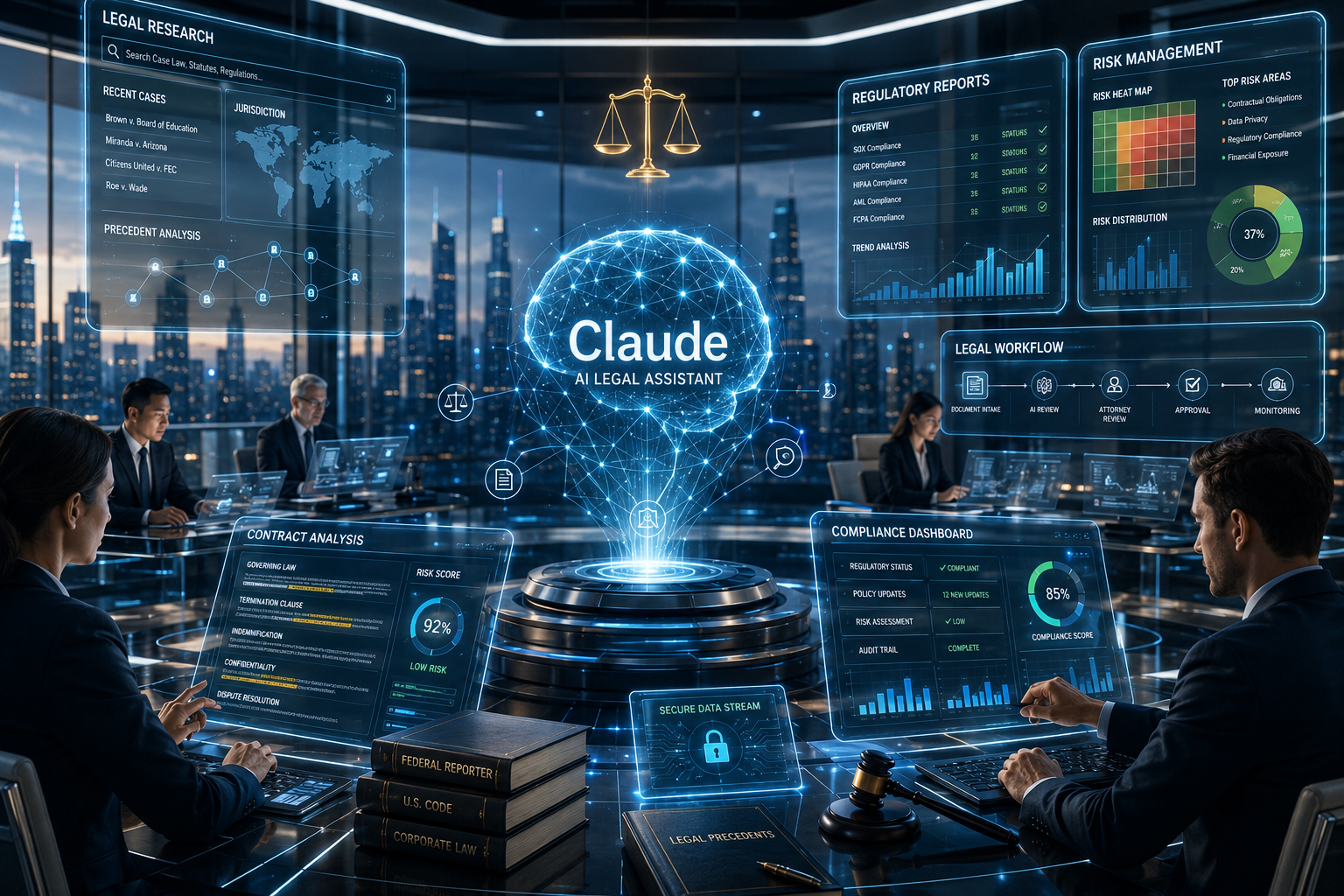 Claude AI helping lawyers and legal teams with contract review, legal research, compliance monitoring, and document analysis in a futuristic legal operations center.