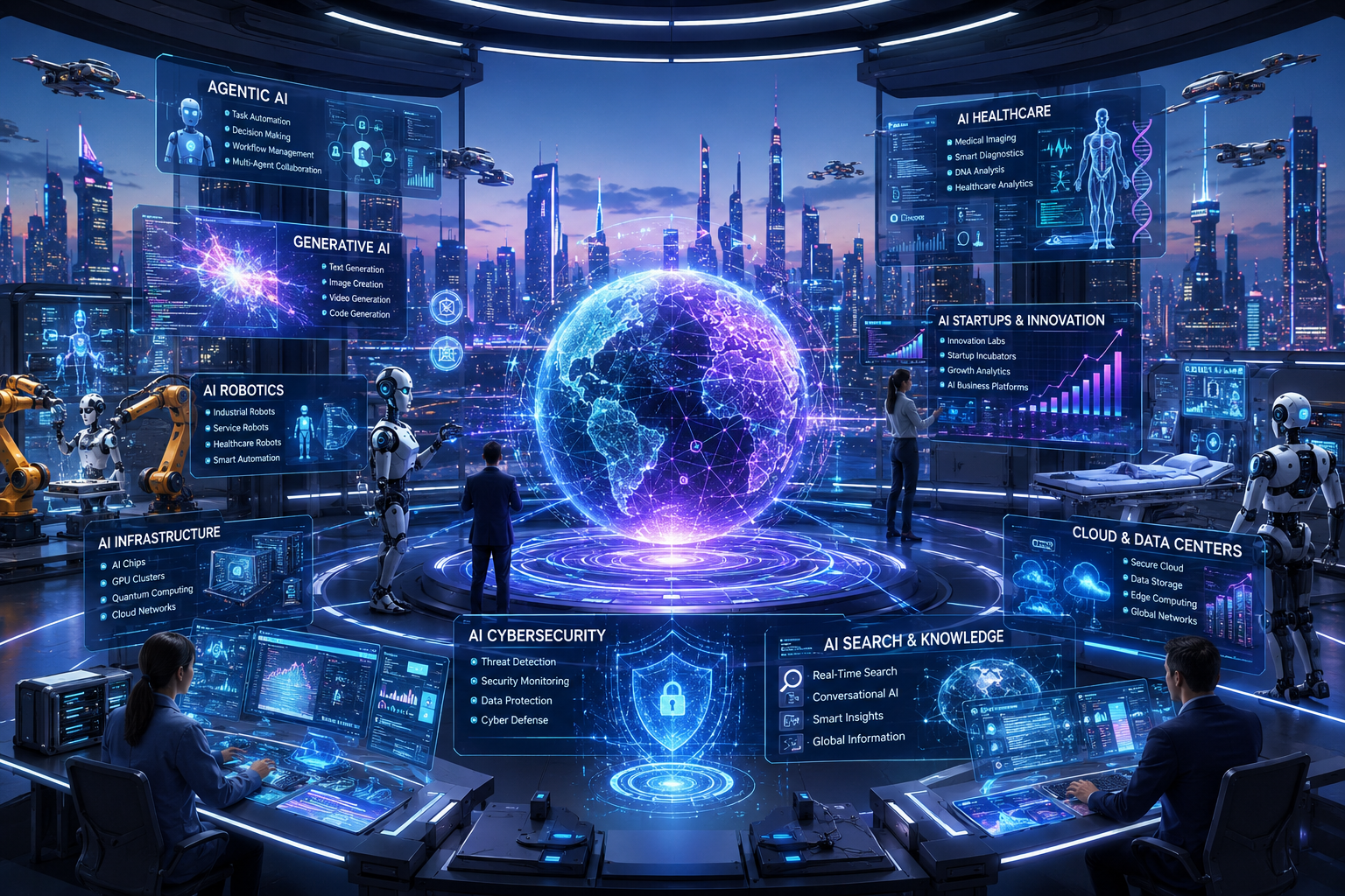 AI Tech News 2026 featuring agentic AI, robotics, generative AI, smart cities, cybersecurity, healthcare innovation, and futuristic technology trends.