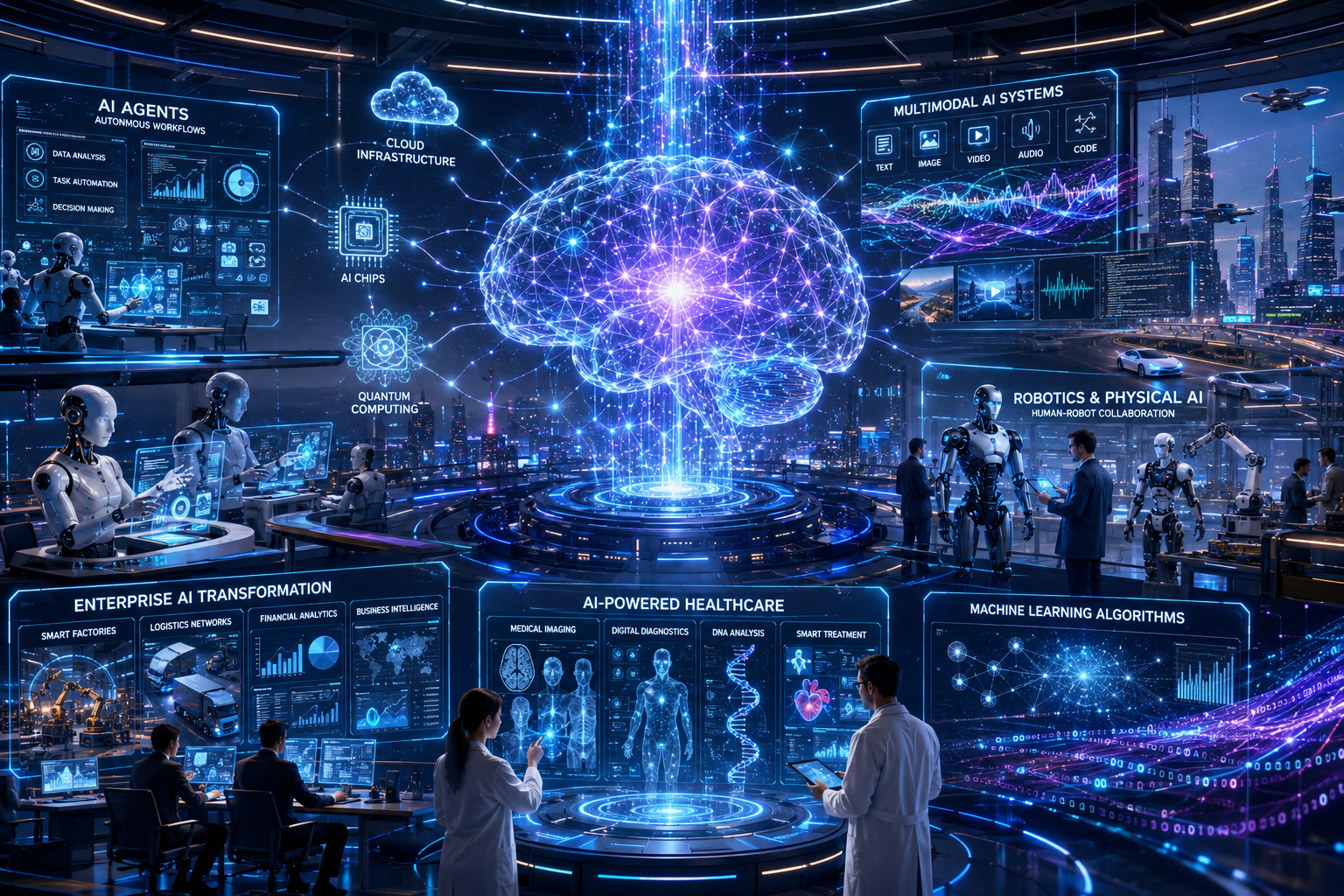 AI Developments 2026 featuring autonomous AI agents, robotics, multimodal AI, enterprise automation, and futuristic artificial intelligence innovations.