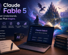 Claude Fable 5 AI storytelling platform visual showing advanced content creation, creative writing, long-context understanding, and human-like AI conversations in a futuristic digital workspace.