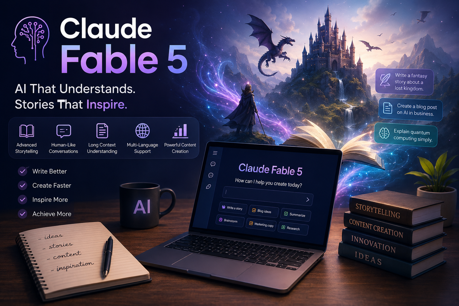 Claude Fable 5 AI storytelling platform visual showing advanced content creation, creative writing, long-context understanding, and human-like AI conversations in a futuristic digital workspace.