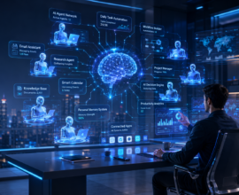A futuristic AI workspace showing a personal agentic system with intelligent AI assistants, workflow automation, digital dashboards, connected devices, and productivity tools helping a user manage tasks efficiently.