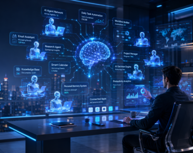 A futuristic AI workspace showing a personal agentic system with intelligent AI assistants, workflow automation, digital dashboards, connected devices, and productivity tools helping a user manage tasks efficiently.