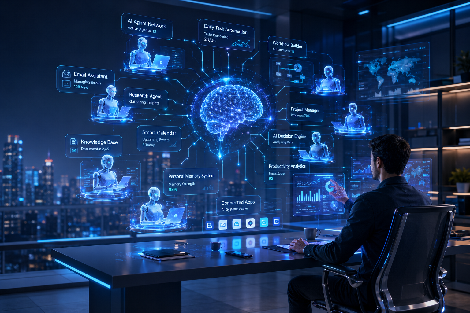 A futuristic AI workspace showing a personal agentic system with intelligent AI assistants, workflow automation, digital dashboards, connected devices, and productivity tools helping a user manage tasks efficiently.
