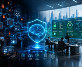 Shadow AI & Governance concept showing unauthorized AI usage on one side and secure AI governance with cybersecurity, compliance, and data protection in a futuristic enterprise operations center.