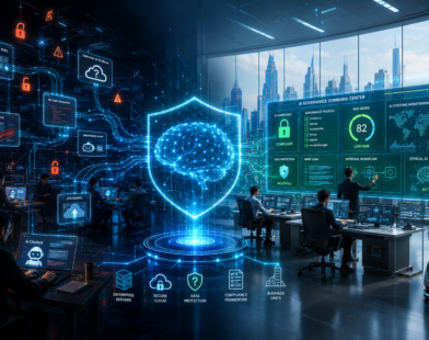 Shadow AI & Governance concept showing unauthorized AI usage on one side and secure AI governance with cybersecurity, compliance, and data protection in a futuristic enterprise operations center.
