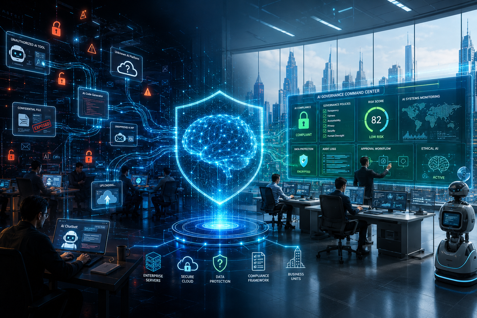 Shadow AI & Governance concept showing unauthorized AI usage on one side and secure AI governance with cybersecurity, compliance, and data protection in a futuristic enterprise operations center.