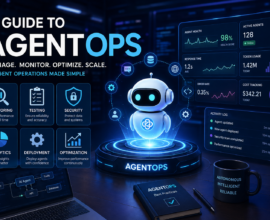 A futuristic AI operations control center showing autonomous AI agents, real-time monitoring dashboards, security analytics, testing, deployment, and optimization representing the complete AgentOps lifecycle.