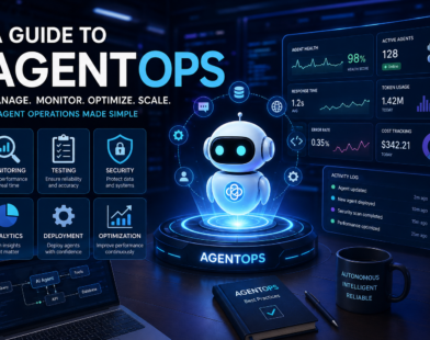 A futuristic AI operations control center showing autonomous AI agents, real-time monitoring dashboards, security analytics, testing, deployment, and optimization representing the complete AgentOps lifecycle.