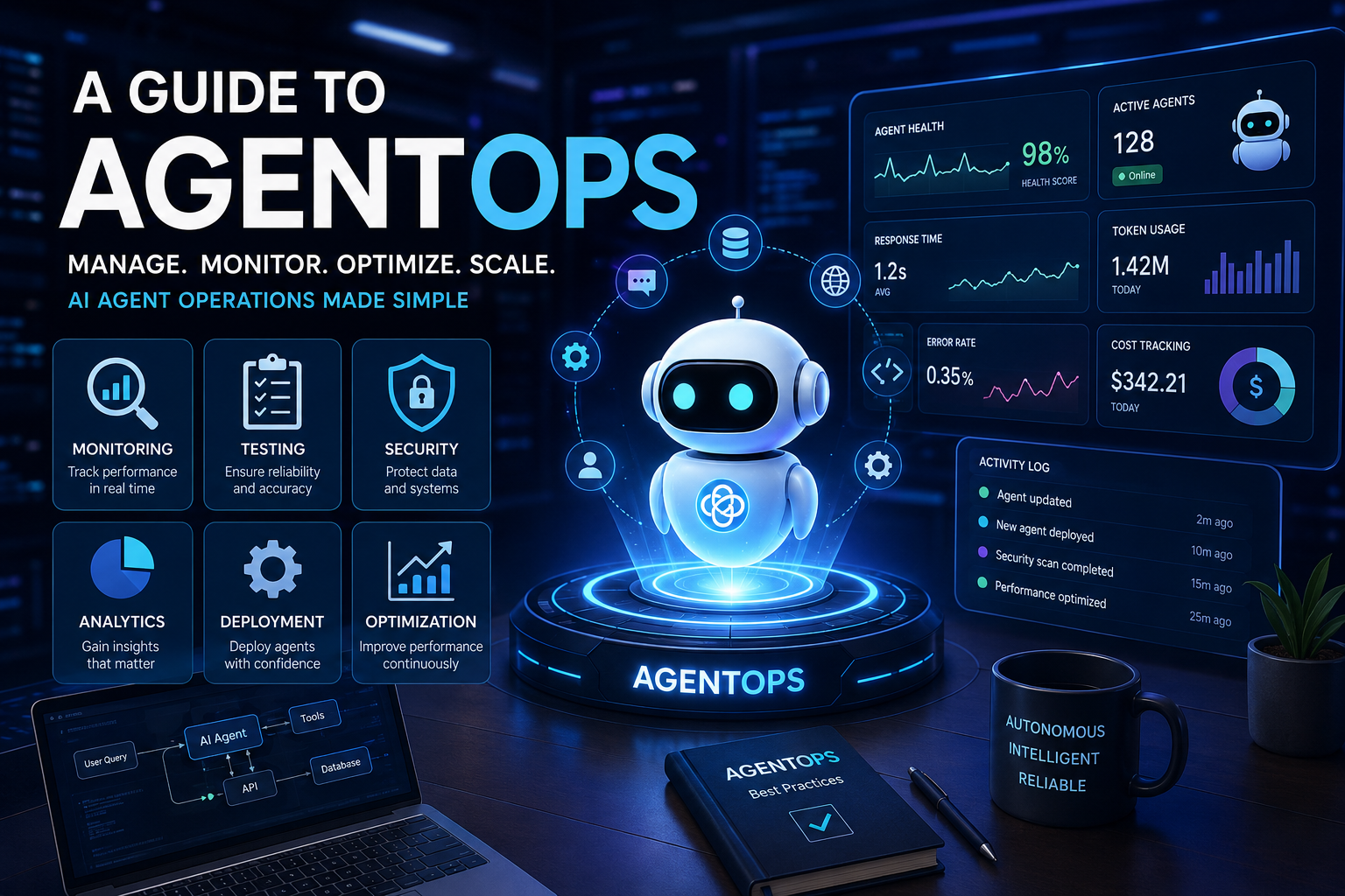 A futuristic AI operations control center showing autonomous AI agents, real-time monitoring dashboards, security analytics, testing, deployment, and optimization representing the complete AgentOps lifecycle.