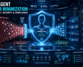 AI Agent Data Minimization concept showing a futuristic AI agent filtering sensitive personal data through a secure privacy shield, allowing only essential business information to enter enterprise systems while ensuring data protection, compliance, and cybersecurity.