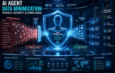 AI Agent Data Minimization concept showing a futuristic AI agent filtering sensitive personal data through a secure privacy shield, allowing only essential business information to enter enterprise systems while ensuring data protection, compliance, and cybersecurity.