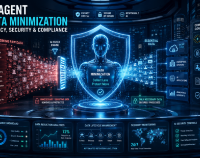 AI Agent Data Minimization concept showing a futuristic AI agent filtering sensitive personal data through a secure privacy shield, allowing only essential business information to enter enterprise systems while ensuring data protection, compliance, and cybersecurity.
