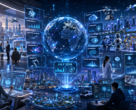 AI News July 2026 featured image showing a futuristic AI-powered global newsroom with a holographic world map, humanoid robots, enterprise AI, healthcare technology, cybersecurity, automation, cloud computing, and smart city innovations.