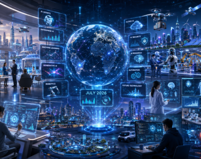 AI News July 2026 featured image showing a futuristic AI-powered global newsroom with a holographic world map, humanoid robots, enterprise AI, healthcare technology, cybersecurity, automation, cloud computing, and smart city innovations.