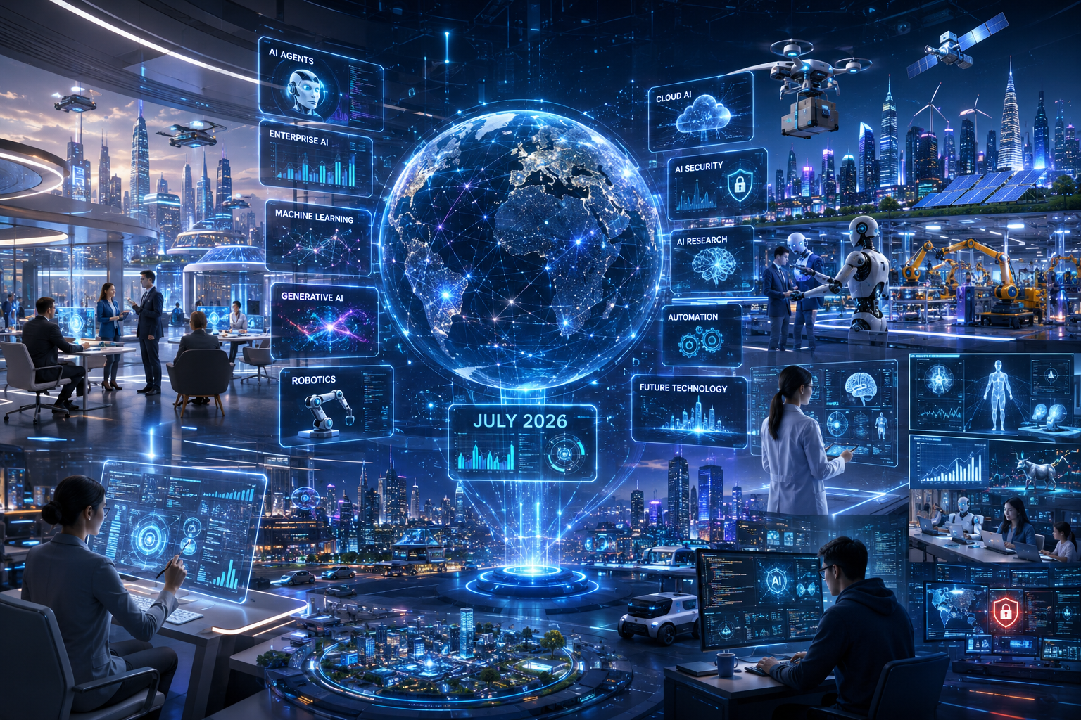 AI News July 2026 featured image showing a futuristic AI-powered global newsroom with a holographic world map, humanoid robots, enterprise AI, healthcare technology, cybersecurity, automation, cloud computing, and smart city innovations.