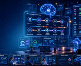 AI Workflow Automation Guide showing AI-powered workflow automation dashboard with intelligent agents, API integrations, business automation, cloud applications, and enterprise AI workflows.