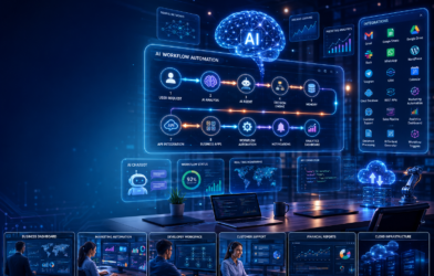 AI Workflow Automation Guide showing AI-powered workflow automation dashboard with intelligent agents, API integrations, business automation, cloud applications, and enterprise AI workflows.
