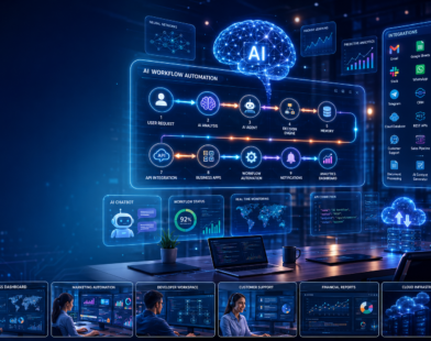 AI Workflow Automation Guide showing AI-powered workflow automation dashboard with intelligent agents, API integrations, business automation, cloud applications, and enterprise AI workflows.