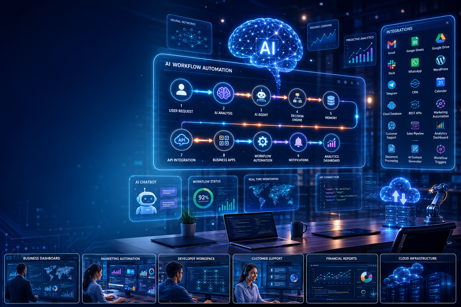AI Workflow Automation Guide showing AI-powered workflow automation dashboard with intelligent agents, API integrations, business automation, cloud applications, and enterprise AI workflows.