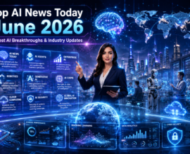 Futuristic AI newsroom showing a technology journalist with holographic AI dashboards, robots, global AI network, cloud computing, AI agents, and enterprise AI representing the top AI news and innovations of June 2026.