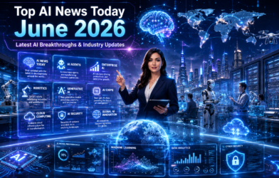 Futuristic AI newsroom showing a technology journalist with holographic AI dashboards, robots, global AI network, cloud computing, AI agents, and enterprise AI representing the top AI news and innovations of June 2026.