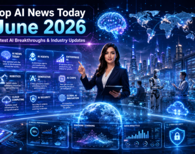 Futuristic AI newsroom showing a technology journalist with holographic AI dashboards, robots, global AI network, cloud computing, AI agents, and enterprise AI representing the top AI news and innovations of June 2026.