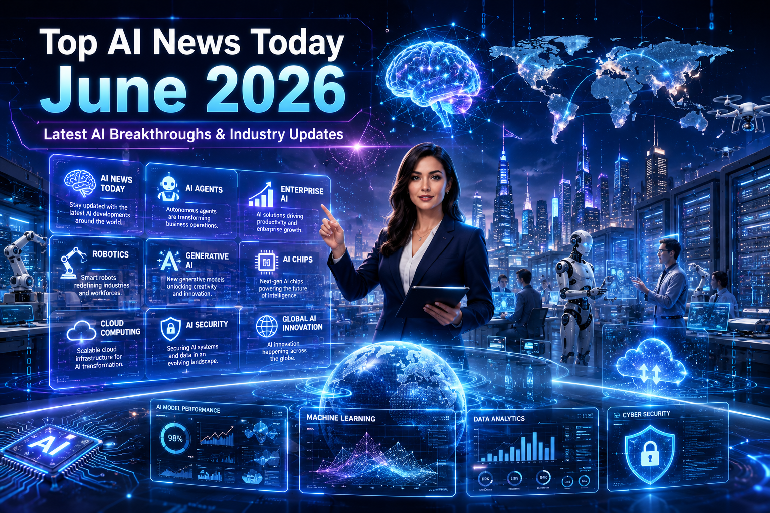 Futuristic AI newsroom showing a technology journalist with holographic AI dashboards, robots, global AI network, cloud computing, AI agents, and enterprise AI representing the top AI news and innovations of June 2026.