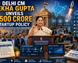 Delhi CM Rekha Gupta announcing the ₹500 Crore Startup Policy at a press conference, highlighting startup funding, innovation, and youth employment initiatives in Delhi.
