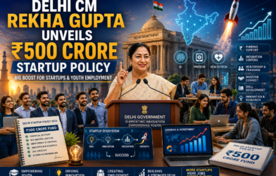 Delhi CM Rekha Gupta announcing the ₹500 Crore Startup Policy at a press conference, highlighting startup funding, innovation, and youth employment initiatives in Delhi.