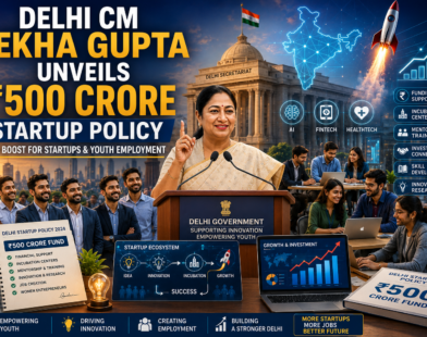 Delhi CM Rekha Gupta announcing the ₹500 Crore Startup Policy at a press conference, highlighting startup funding, innovation, and youth employment initiatives in Delhi.