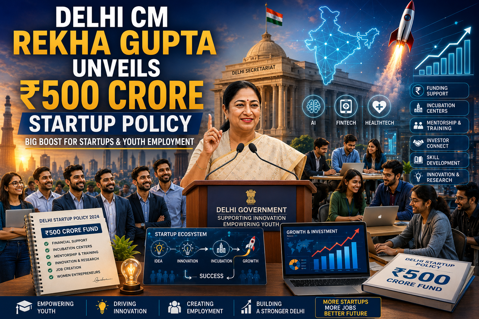 Delhi CM Rekha Gupta announcing the ₹500 Crore Startup Policy at a press conference, highlighting startup funding, innovation, and youth employment initiatives in Delhi.