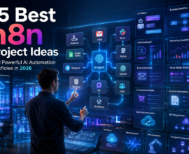 15 Best n8n Project Ideas featured image showing a futuristic AI automation workspace with connected workflow nodes, AI agent dashboard, business automation, API integrations, CRM, email automation, and cloud workflows in 2026.