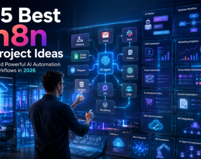 15 Best n8n Project Ideas featured image showing a futuristic AI automation workspace with connected workflow nodes, AI agent dashboard, business automation, API integrations, CRM, email automation, and cloud workflows in 2026.