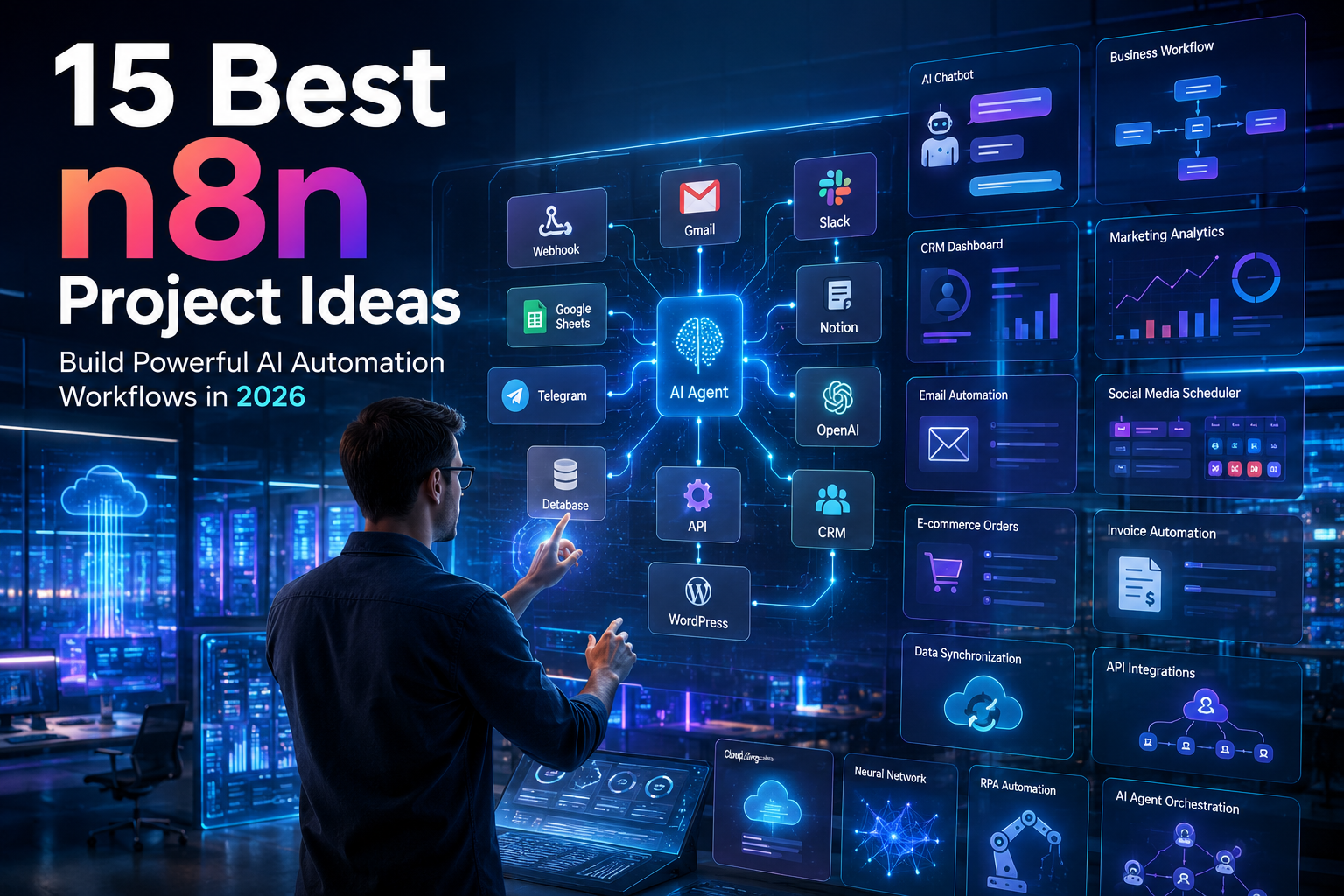 15 Best n8n Project Ideas featured image showing a futuristic AI automation workspace with connected workflow nodes, AI agent dashboard, business automation, API integrations, CRM, email automation, and cloud workflows in 2026.