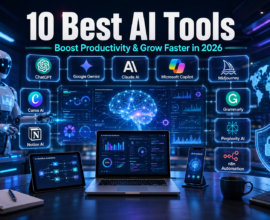 10 Best AI Tools in 2026 featured image showing a futuristic AI-powered workspace with ChatGPT, Google Gemini, Claude AI, Microsoft Copilot, Midjourney, Canva AI, Notion AI, Grammarly, Perplexity AI, and n8n for productivity and business automation.