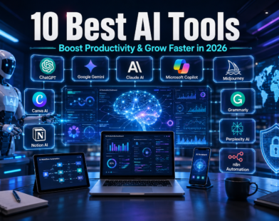 10 Best AI Tools in 2026 featured image showing a futuristic AI-powered workspace with ChatGPT, Google Gemini, Claude AI, Microsoft Copilot, Midjourney, Canva AI, Notion AI, Grammarly, Perplexity AI, and n8n for productivity and business automation.