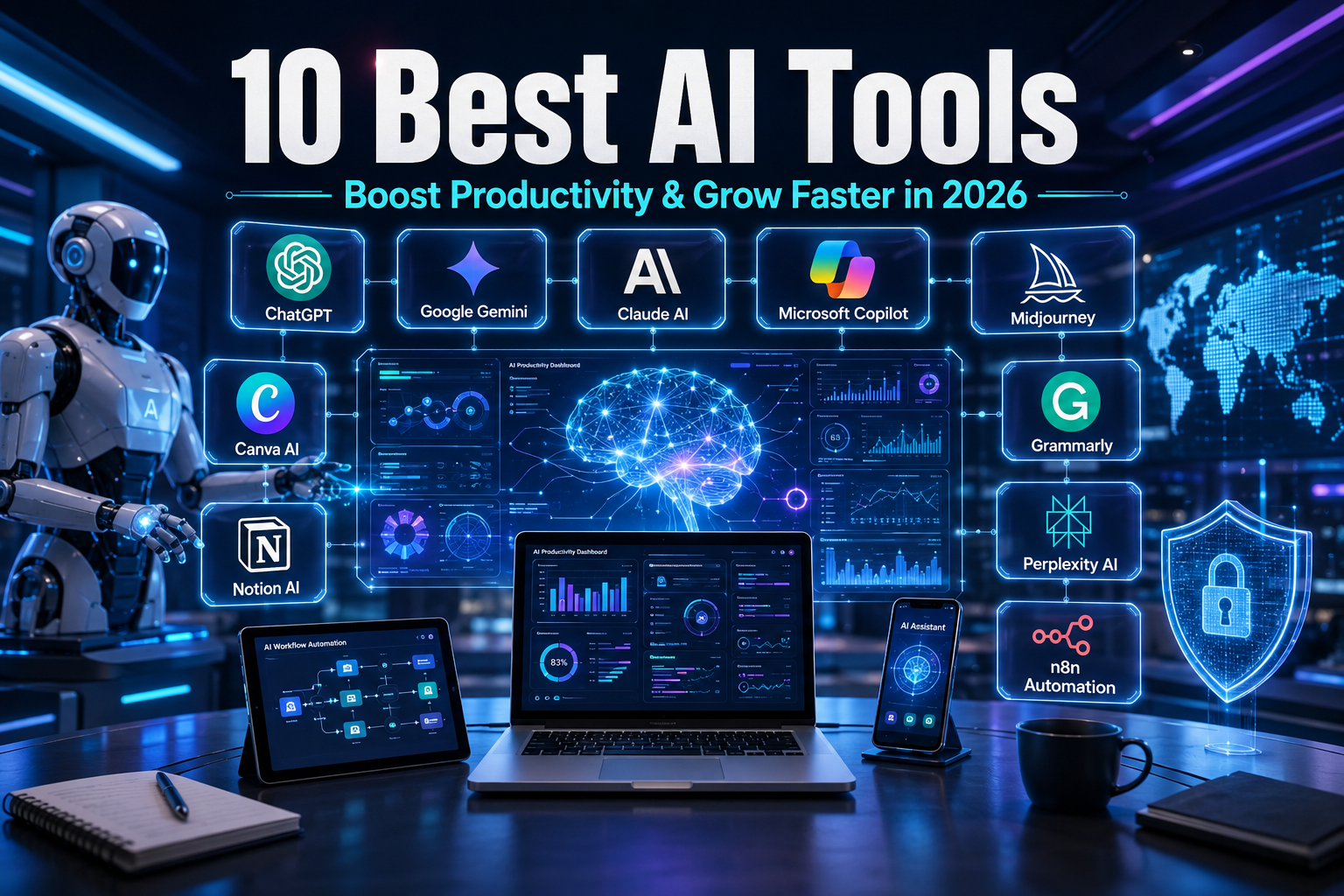 10 Best AI Tools in 2026 featured image showing a futuristic AI-powered workspace with ChatGPT, Google Gemini, Claude AI, Microsoft Copilot, Midjourney, Canva AI, Notion AI, Grammarly, Perplexity AI, and n8n for productivity and business automation.