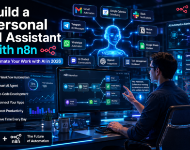 Build a Personal AI Assistant with n8n featured image showing a futuristic AI workspace with holographic assistant, n8n workflow automation, OpenAI integrations, Gmail, Slack, WhatsApp, Google Calendar, and productivity dashboards.