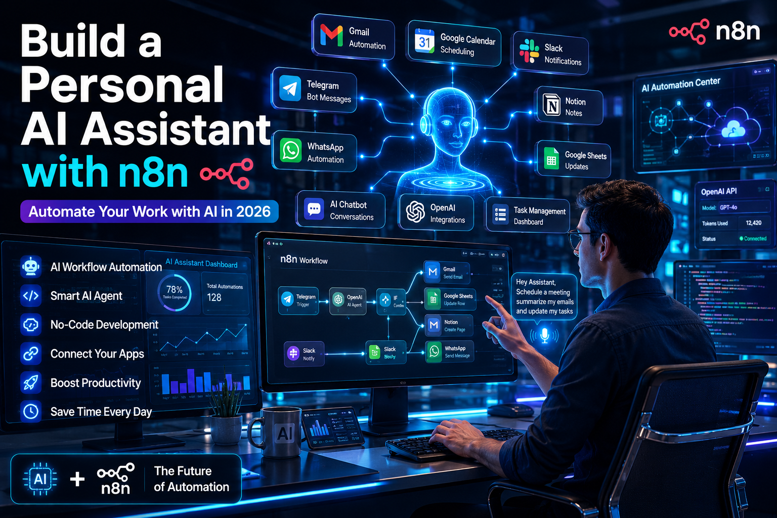 Build a Personal AI Assistant with n8n featured image showing a futuristic AI workspace with holographic assistant, n8n workflow automation, OpenAI integrations, Gmail, Slack, WhatsApp, Google Calendar, and productivity dashboards.