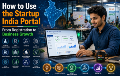 How to Use the Startup India Portal guide showing an Indian entrepreneur registering a startup online with DPIIT recognition, funding, tax benefits, mentorship, and business growth roadmap.