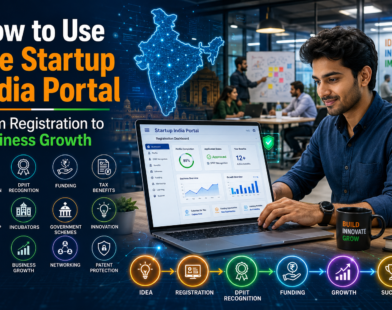 How to Use the Startup India Portal guide showing an Indian entrepreneur registering a startup online with DPIIT recognition, funding, tax benefits, mentorship, and business growth roadmap.