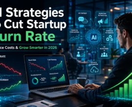 AI-powered startup founder analysing financial dashboards to reduce startup burn rate using automation, AI analytics, and cost-saving strategies in a modern office.