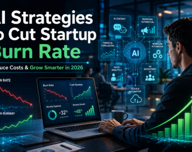 AI-powered startup founder analysing financial dashboards to reduce startup burn rate using automation, AI analytics, and cost-saving strategies in a modern office.