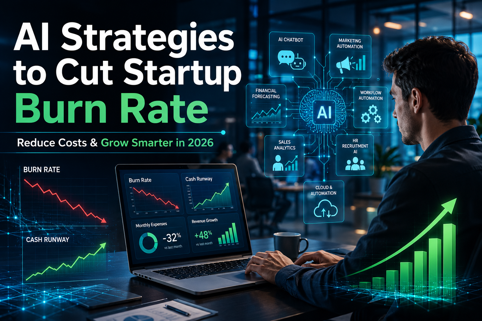 AI-powered startup founder analysing financial dashboards to reduce startup burn rate using automation, AI analytics, and cost-saving strategies in a modern office.