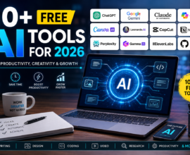 10+ Free AI Tools for 2026 featuring ChatGPT, Google Gemini, Claude, Copilot, Canva AI, Leonardo AI, CapCut, Perplexity AI, Notion AI, GitHub Copilot, Gamma AI, and ElevenLabs for productivity, coding, design, and content creation.